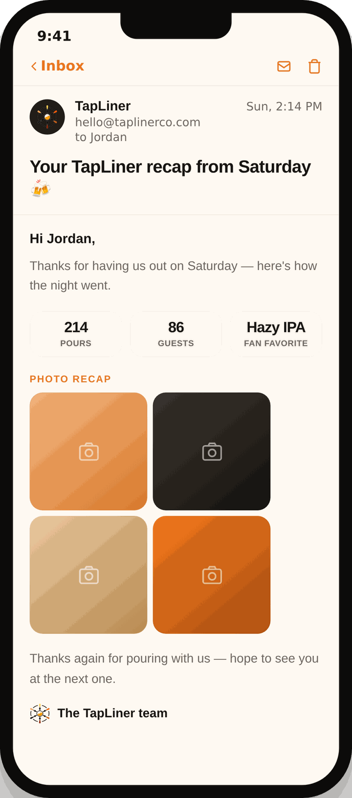 Sample Tapliner recap email shown on a phone, with event stats and a placeholder photo grid